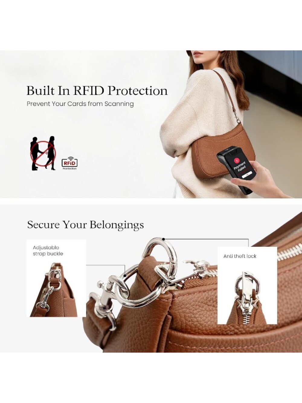 Women's Brown Genuine Leather Anti Theft Purse Trendy Hobo Bag with RFID Handbag - Picture 2 of 6